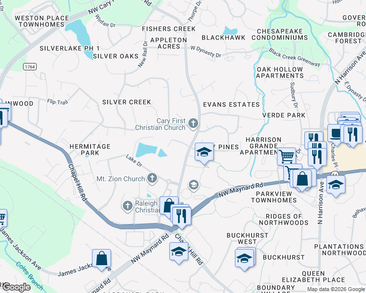 map of restaurants, bars, coffee shops, grocery stores, and more near 1025 Evans Road in Cary