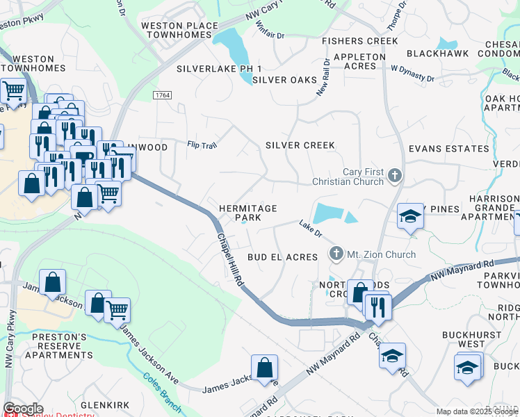 map of restaurants, bars, coffee shops, grocery stores, and more near 131 Cricketgrass Drive in Cary