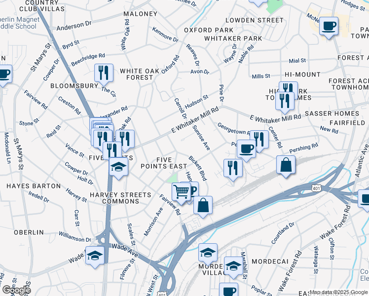 map of restaurants, bars, coffee shops, grocery stores, and more near 1718 Bickett Boulevard in Raleigh