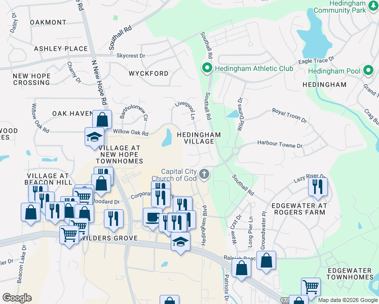 map of restaurants, bars, coffee shops, grocery stores, and more near 4608 Batavia Court in Raleigh