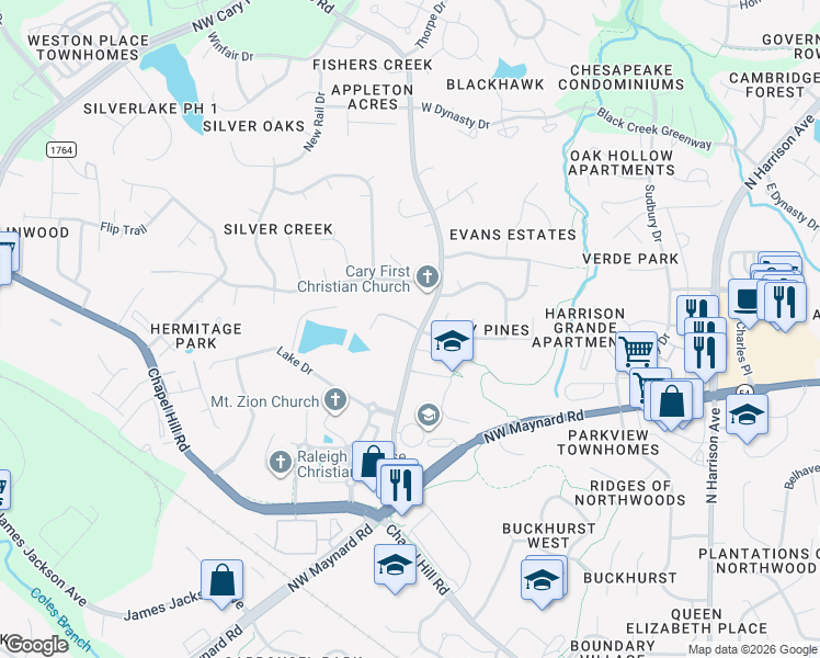map of restaurants, bars, coffee shops, grocery stores, and more near 1025 Evans Road in Cary