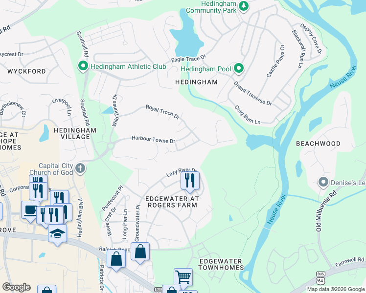 map of restaurants, bars, coffee shops, grocery stores, and more near 1709 Point OWoods Court in Raleigh