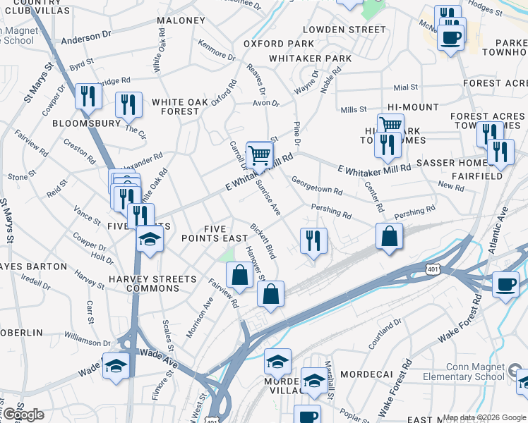 map of restaurants, bars, coffee shops, grocery stores, and more near 112 Village Mill Place in Raleigh