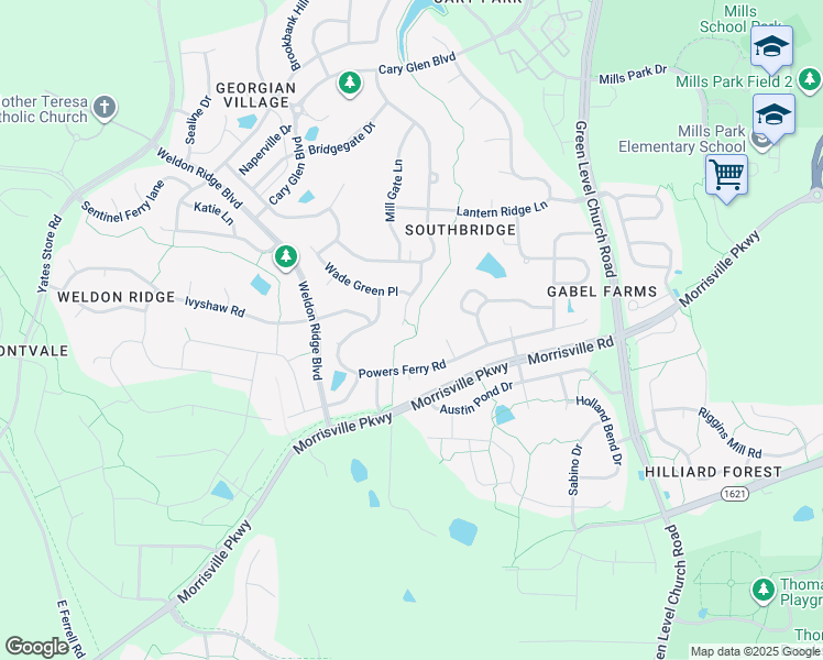 map of restaurants, bars, coffee shops, grocery stores, and more near 117 Level Ridge Drive in Cary
