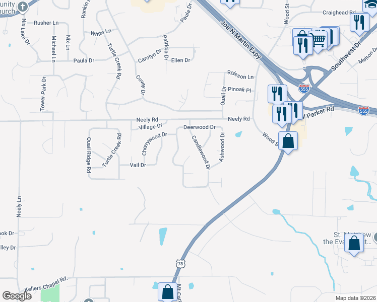 map of restaurants, bars, coffee shops, grocery stores, and more near 3203 Springwood Cir in Jonesboro