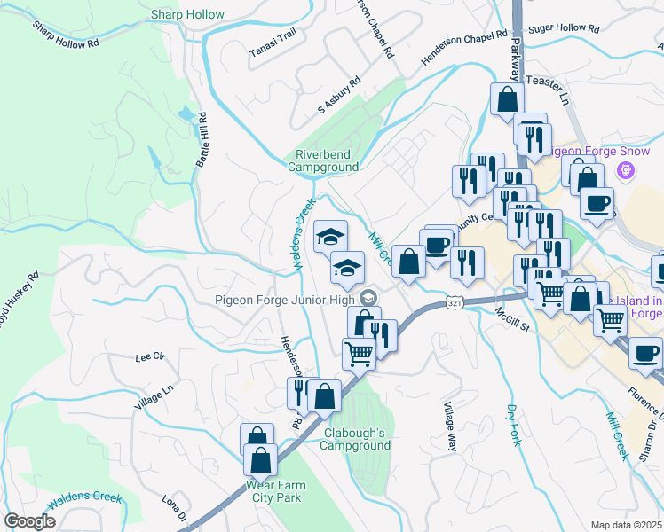 map of restaurants, bars, coffee shops, grocery stores, and more near 414 Tiger Drive in Pigeon Forge
