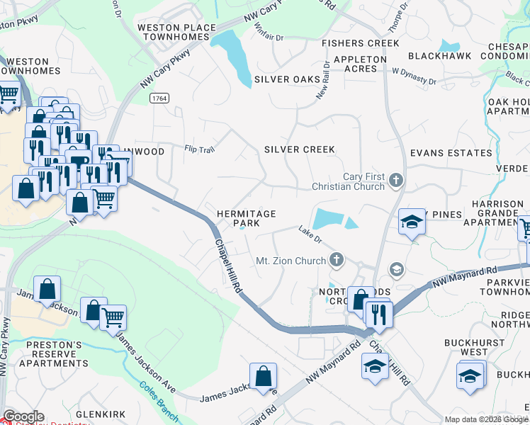 map of restaurants, bars, coffee shops, grocery stores, and more near 137 Cricketgrass Drive in Cary