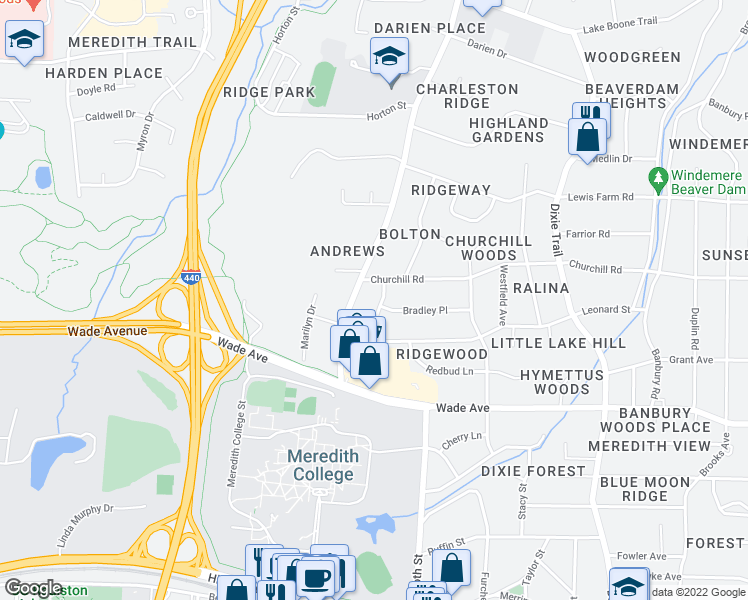 map of restaurants, bars, coffee shops, grocery stores, and more near 1323 Crabapple Lane in Raleigh