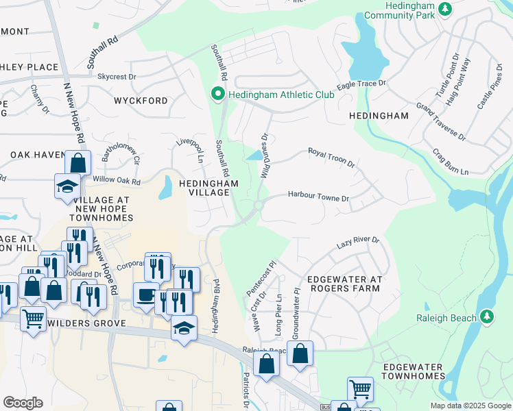 map of restaurants, bars, coffee shops, grocery stores, and more near 1799 Wild Dunes Drive in Raleigh