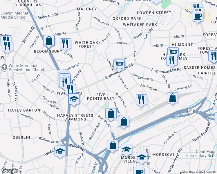 map of restaurants, bars, coffee shops, grocery stores, and more near 1808 Bickett Boulevard in Raleigh