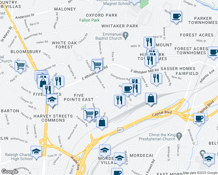 map of restaurants, bars, coffee shops, grocery stores, and more near 207 East Roanoke Park Drive in Raleigh