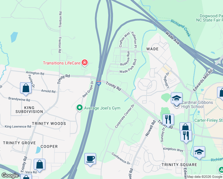 map of restaurants, bars, coffee shops, grocery stores, and more near 1603 Bowery Drive in Raleigh