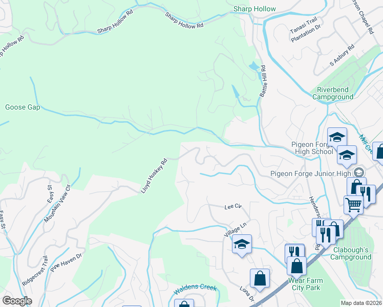 map of restaurants, bars, coffee shops, grocery stores, and more near 807 Lloyd Huskey Road in Pigeon Forge