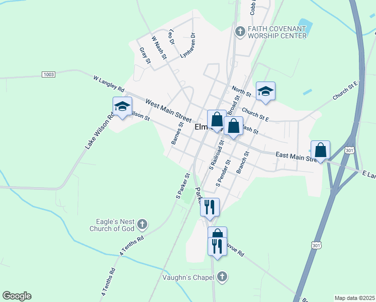 map of restaurants, bars, coffee shops, grocery stores, and more near 206 Dixon Street Northwest in Elm City