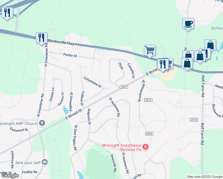 map of restaurants, bars, coffee shops, grocery stores, and more near 102 Columbine Drive in Statesville