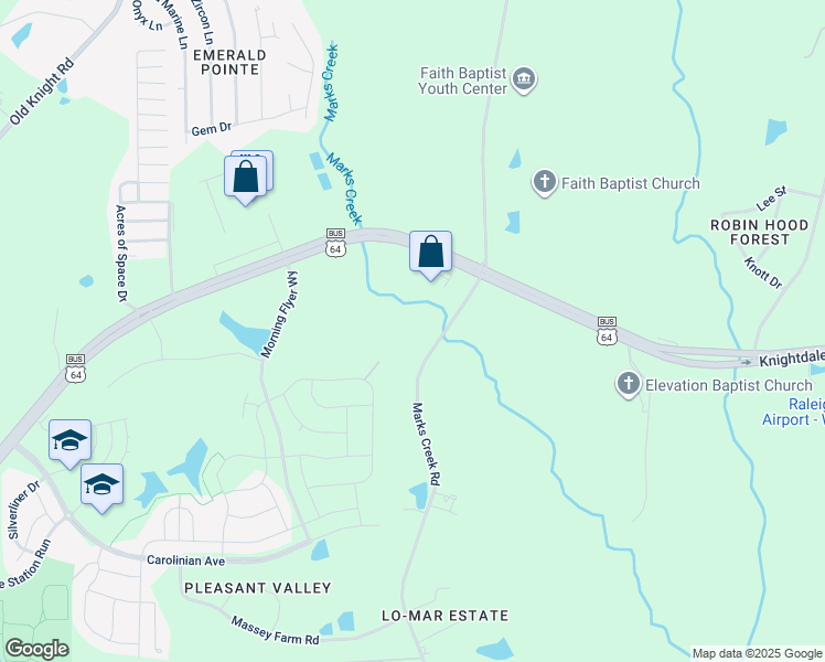 map of restaurants, bars, coffee shops, grocery stores, and more near 2521 Marks Creek Road in Knightdale