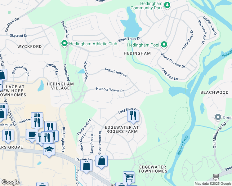 map of restaurants, bars, coffee shops, grocery stores, and more near 5000 Royal Dornoch Drive in Raleigh