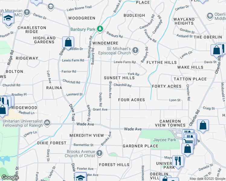 map of restaurants, bars, coffee shops, grocery stores, and more near 1336 Brooks Avenue in Raleigh
