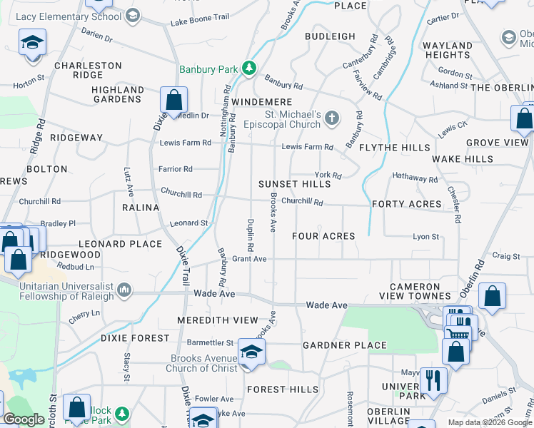 map of restaurants, bars, coffee shops, grocery stores, and more near 1340 Duplin Road in Raleigh