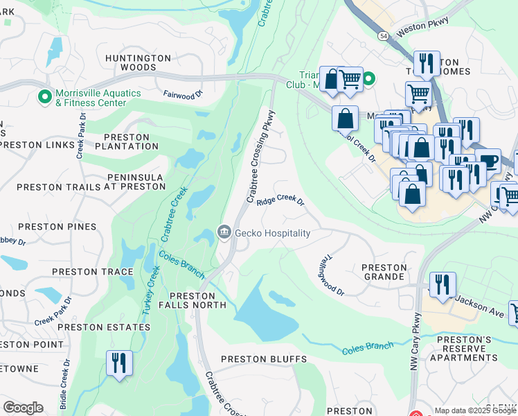 map of restaurants, bars, coffee shops, grocery stores, and more near 100 Crystlewood Court in Morrisville