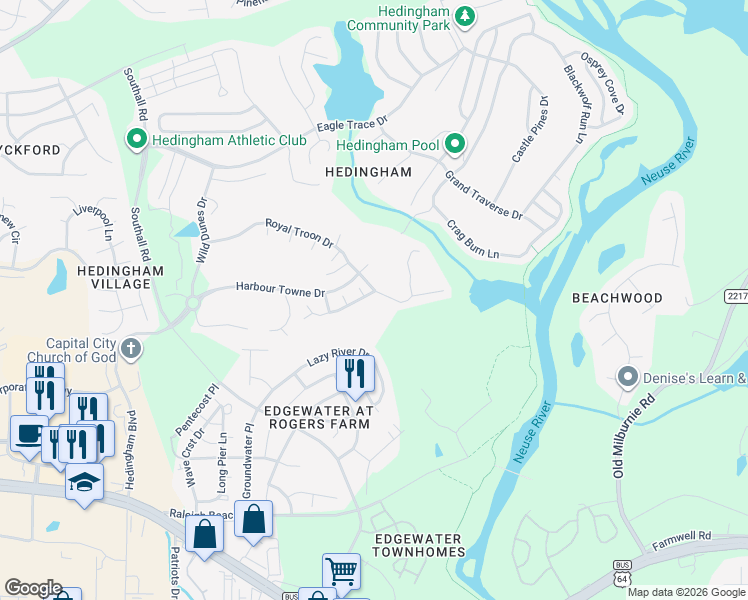 map of restaurants, bars, coffee shops, grocery stores, and more near 5120 Royal Dornoch Drive in Raleigh