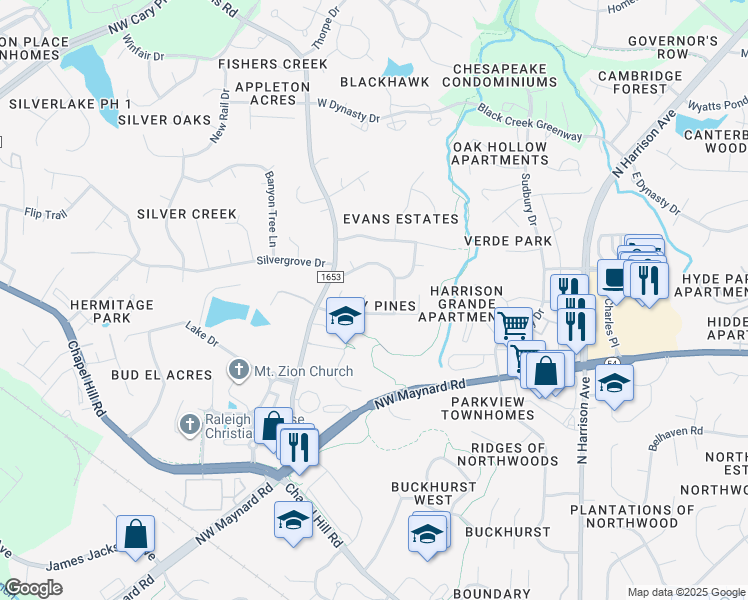 map of restaurants, bars, coffee shops, grocery stores, and more near 102 Whisper Creek Court in Cary