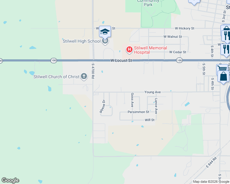 map of restaurants, bars, coffee shops, grocery stores, and more near 1501 West Young Avenue in Stilwell