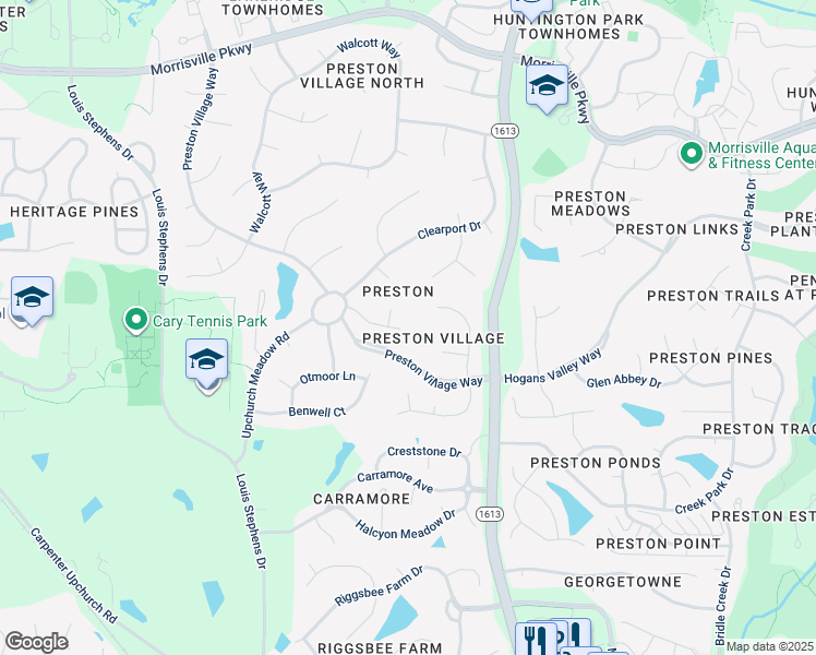 map of restaurants, bars, coffee shops, grocery stores, and more near 205 Beeston Court in Cary