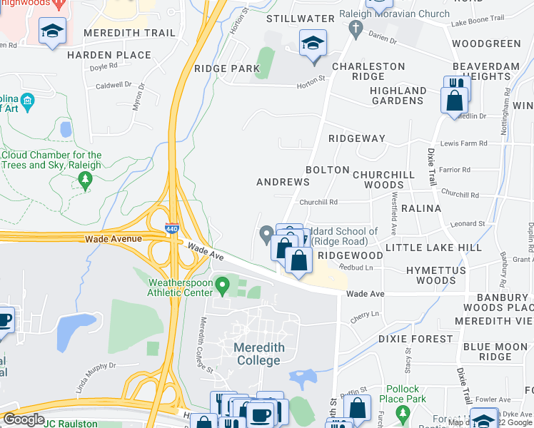 map of restaurants, bars, coffee shops, grocery stores, and more near 1012 Marilyn Drive in Raleigh