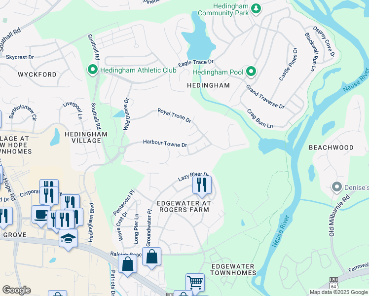 map of restaurants, bars, coffee shops, grocery stores, and more near 1709 Oak Tree Way in Raleigh