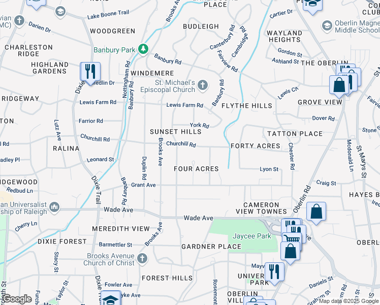 map of restaurants, bars, coffee shops, grocery stores, and more near 2631 Churchill Road in Raleigh