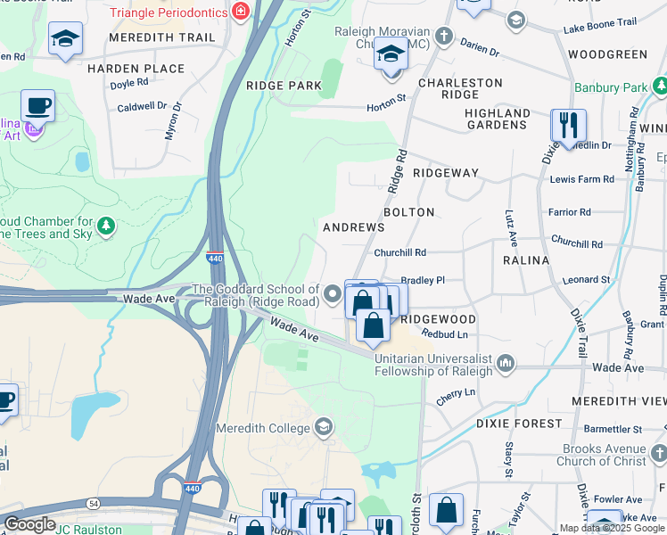 map of restaurants, bars, coffee shops, grocery stores, and more near 1012 Marilyn Drive in Raleigh