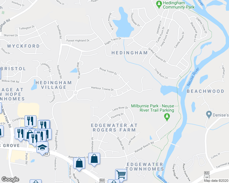 map of restaurants, bars, coffee shops, grocery stores, and more near 1709 Oak Tree Way in Raleigh