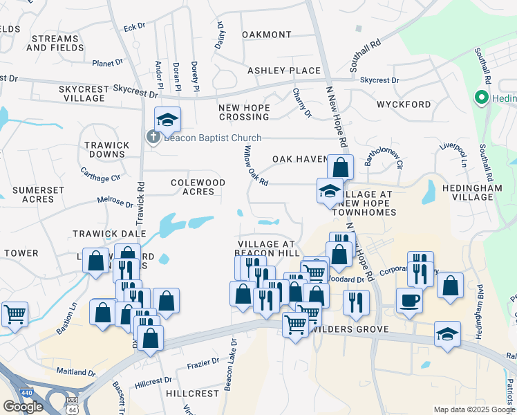 map of restaurants, bars, coffee shops, grocery stores, and more near 4212 Beacon Crest Way in Raleigh