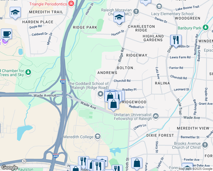map of restaurants, bars, coffee shops, grocery stores, and more near 1323 Ridge Road in Raleigh