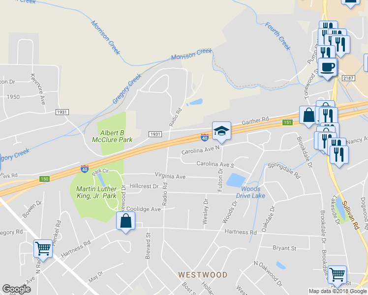 map of restaurants, bars, coffee shops, grocery stores, and more near 523 Carolina Avenue North in Statesville