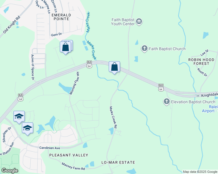 map of restaurants, bars, coffee shops, grocery stores, and more near 2521 Marks Creek Road in Knightdale
