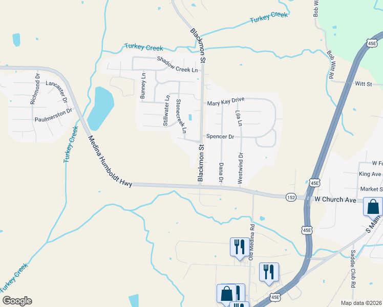 map of restaurants, bars, coffee shops, grocery stores, and more near 17 Blackmon Street in Medina