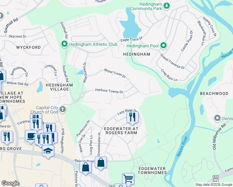 map of restaurants, bars, coffee shops, grocery stores, and more near 5001 Royal Dornoch Drive in Raleigh