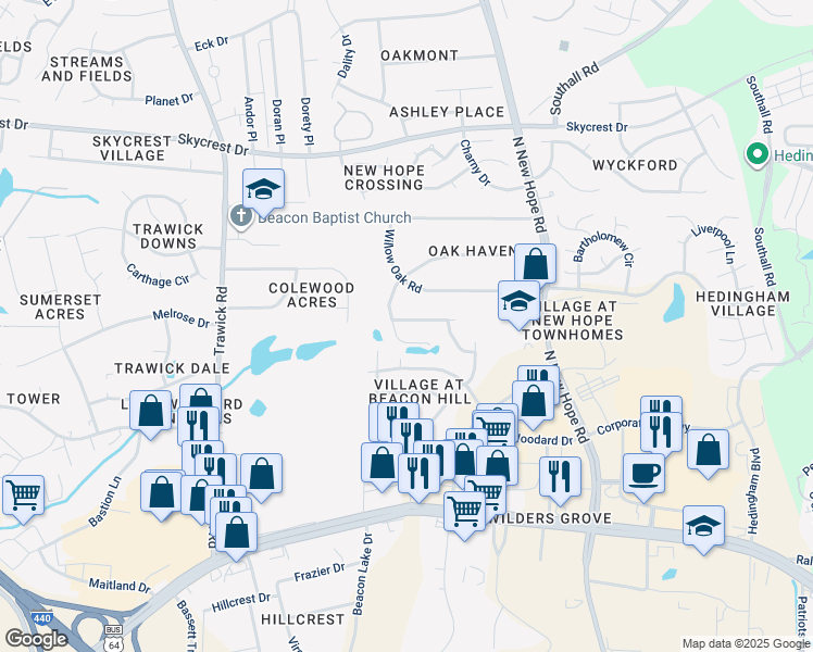map of restaurants, bars, coffee shops, grocery stores, and more near 4212 Beacon Crest Way in Raleigh