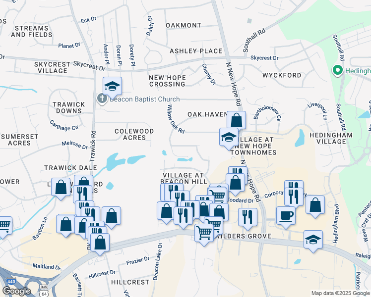 map of restaurants, bars, coffee shops, grocery stores, and more near 4232 Beacon Crest Way in Raleigh