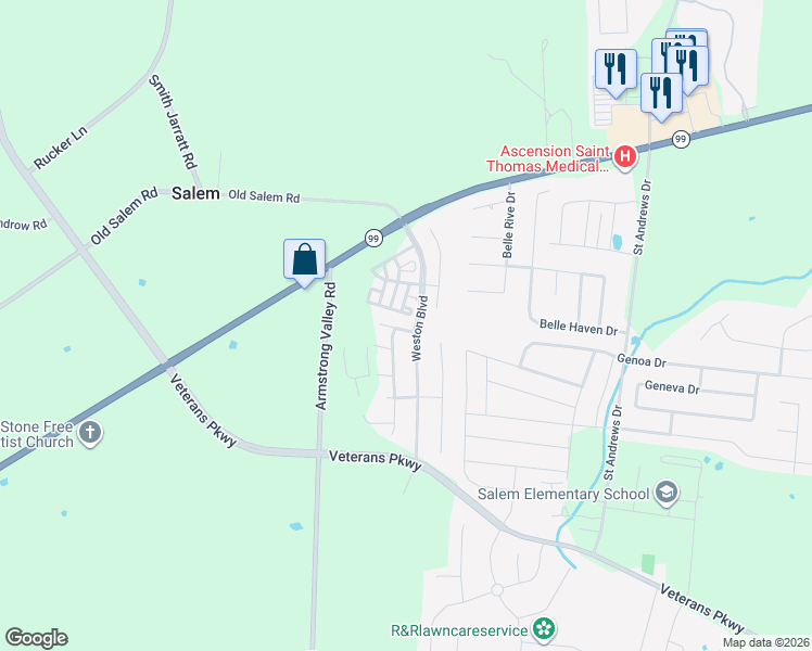 map of restaurants, bars, coffee shops, grocery stores, and more near 3104 Teaside Lane in Murfreesboro