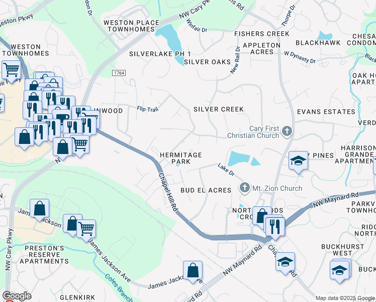 map of restaurants, bars, coffee shops, grocery stores, and more near 137 Cricketgrass Drive in Cary