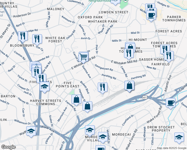 map of restaurants, bars, coffee shops, grocery stores, and more near 207 East Roanoke Park Drive in Raleigh