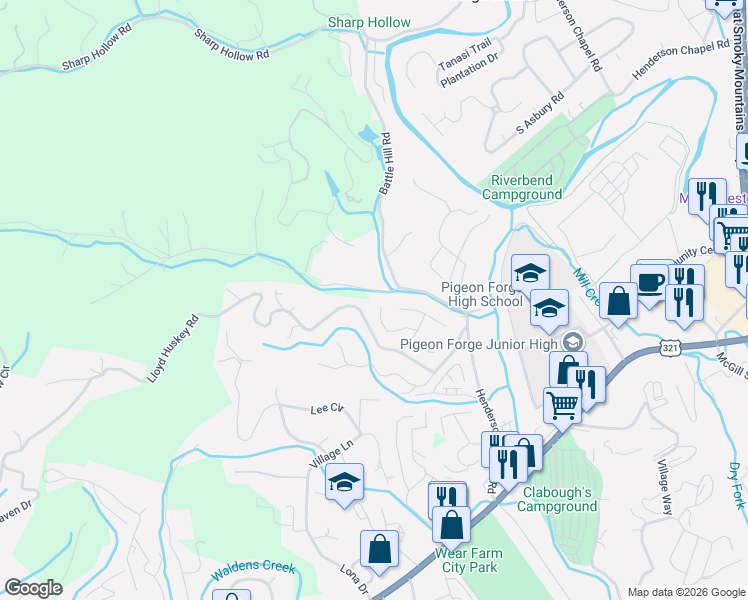 map of restaurants, bars, coffee shops, grocery stores, and more near 2602 Stonebrook Drive in Pigeon Forge