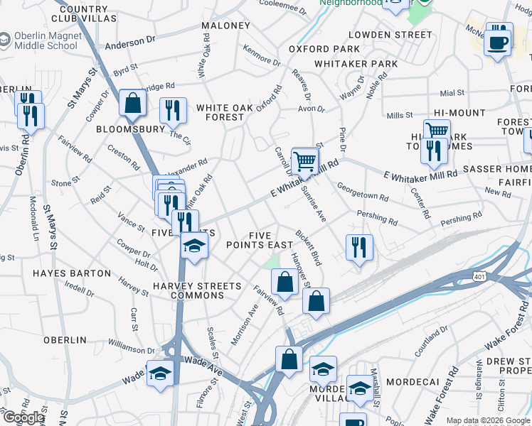 map of restaurants, bars, coffee shops, grocery stores, and more near 1808 Bickett Boulevard in Raleigh