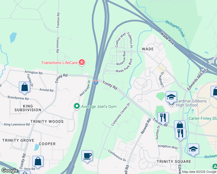 map of restaurants, bars, coffee shops, grocery stores, and more near 5739 Trinity Road in Raleigh