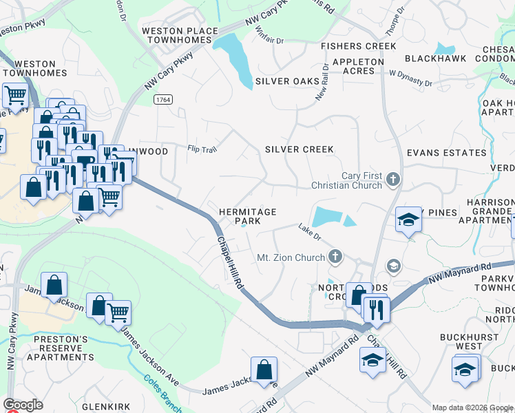 map of restaurants, bars, coffee shops, grocery stores, and more near 137 Cricketgrass Drive in Cary