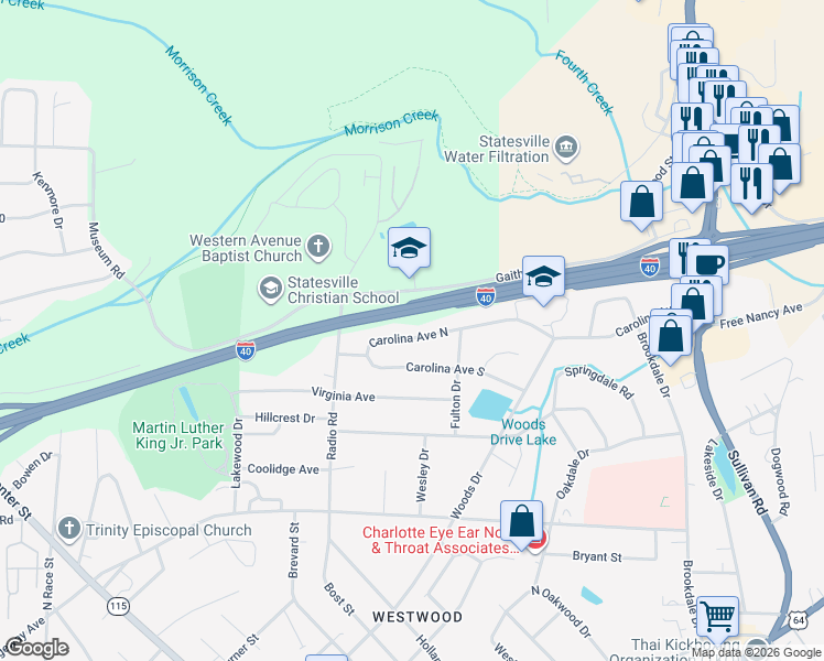 map of restaurants, bars, coffee shops, grocery stores, and more near 529 Carolina Avenue North in Statesville