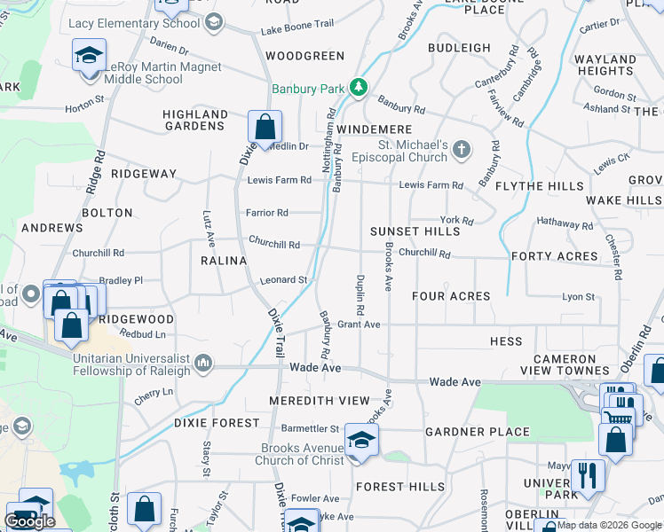 map of restaurants, bars, coffee shops, grocery stores, and more near 1340 Banbury Road in Raleigh